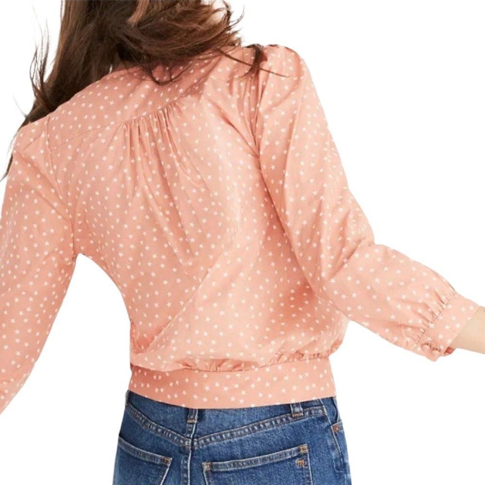 Madewell Wrap Blouse Womens Medium Peach Tie Front 3/4 Sleeve V-Neck Stars Boho - Picture 4 of 13